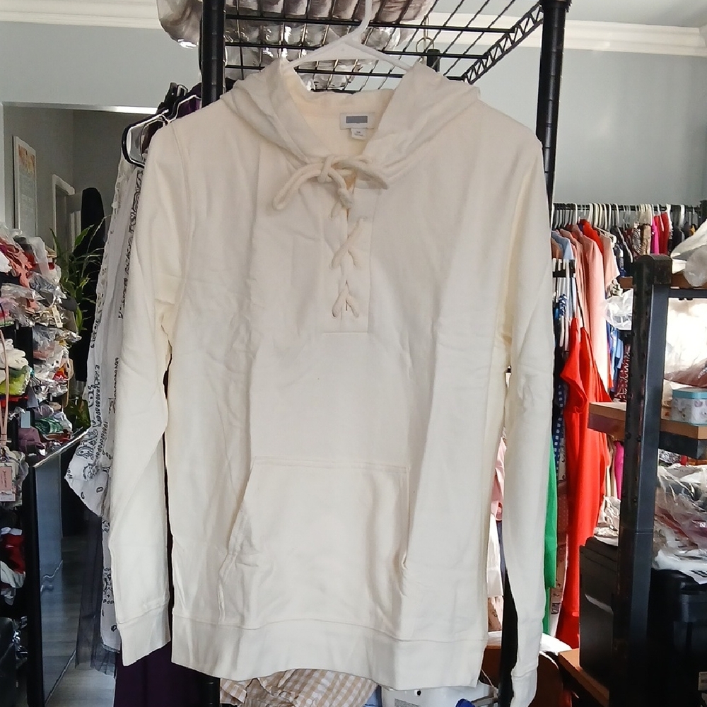 Cream Lace-Up Hoodie Pullover
